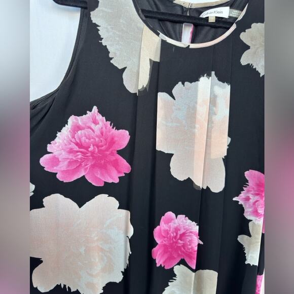 Calvin Klein Black Floral Sleeveless Chiffon Mini Shift Dress Size 12 - Picture 3 of 7